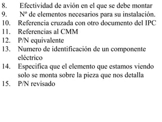 8.   Efectividad de avión en el que se debe montar
9.   Nº de elementos necesarios para su instalación.
10. Referencia cruzada con otro documento del IPC
11. Referencias al CMM
12. P/N equivalente
13. Numero de identificación de un componente
    eléctrico
14. Especifica que el elemento que estamos viendo
    solo se monta sobre la pieza que nos detalla
15. P/N revisado
 