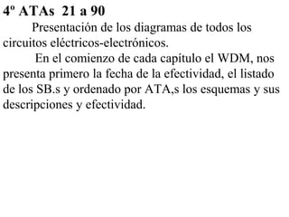 4º ATAs 21 a 90
      Presentación de los diagramas de todos los
circuitos eléctricos-electrónicos.
       En el comienzo de cada capítulo el WDM, nos
presenta primero la fecha de la efectividad, el listado
de los SB.s y ordenado por ATA,s los esquemas y sus
descripciones y efectividad.
 