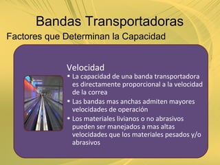 Velocidad
Factores que Determinan la Capacidad
• La capacidad de una banda transportadora
es directamente proporcional a la velocidad
de la correa
• Las bandas mas anchas admiten mayores
velocidades de operación
• Los materiales livianos o no abrasivos
pueden ser manejados a mas altas
velocidades que los materiales pesados y/o
abrasivos
Bandas Transportadoras
 