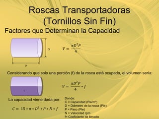 Factores que Determinan la Capacidad
Considerando que solo una porción (f) de la rosca está ocupado, el volumen sería:
f
P
La capacidad viene dada por: Donde:
C = Capacidad (Pie/m³)
D = Diámetro de la rosca (Pie)
P = Paso (Pie)
N = Velocidad rpm
f= Coeficiente de llenado
Roscas Transportadoras
(Tornillos Sin Fin)
 
