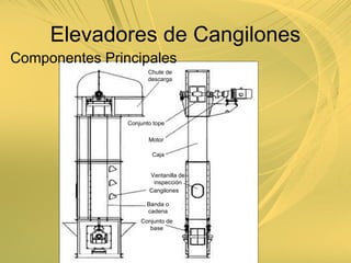 Componentes Principales
Cangilones
Conjunto tope
Conjunto de
base
Banda o
cadena
Motor
Caja
Chute de
descarga
Ventanilla de
inspección
Elevadores de Cangilones
 