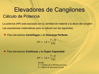La potencia (HP) está asociada con la cantidad de material y la altura del cangilón
Las expresiones matemáticas para su cálculo son las siguientes:
Para elevadores Centrífugos y de Descarga Perfecta:
Para elevadores Continuos y de Super Capacidad:
Donde:
T = Torsión de 2.000 lbs por hora
H = Altura de elevación en pie
Cálculo de Potencia
Elevadores de Cangilones
 