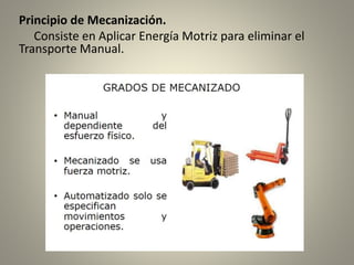 Principio de Mecanización.
Consiste en Aplicar Energía Motriz para eliminar el
Transporte Manual.
 