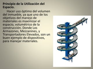Principio de la Utilización del
Espacio.
Hacer uso óptimo del volumen
del inmueble, ya que uno de los
objetivos del manejo de
materiales es maximizar el
espacio, volumétrico de la
construcción. Donde Los
Armazones, Mezzanines, y
Transportadores Elevados, son un
buen ejemplo de dispositivos,
para manejar materiales.
 