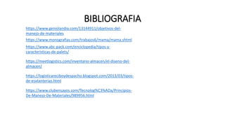 BIBLIOGRAFIA
https://meetlogistics.com/inventario-almacen/el-diseno-del-
almacen/
https://www.abc-pack.com/enciclopedia/tipos-y-
caracteristicas-de-palets/
https://logisticareciboydespacho.blogspot.com/2013/03/tipos-
de-esxtanterias.html
https://www.monografias.com/trabajos6/mama/mama.shtml
https://www.clubensayos.com/Tecnolog%C3%ADa/Principios-
De-Manejo-De-Materiales/989956.html
https://www.geniolandia.com/13144911/objetivos-del-
manejo-de-materiales
 