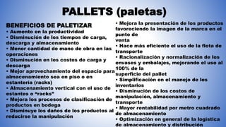 PALLETS (paletas)
BENEFICIOS DE PALETIZAR
• Aumento en la productividad
• Disminución de los tiempos de carga,
descarga y almacenamiento
• Menor cantidad de mano de obra en las
operaciones
• Disminución en los costos de carga y
descarga
• Mejor aprovechamiento del espacio para
almacenamiento sea en piso o en
estantería (racks)
• Almacenamiento vertical con el uso de
estantes o “racks”
• Mejora los procesos de clasificación de
productos en bodega
• Disminuye los daños de los productos al
reducirse la manipulación
• Mejora la presentación de los productos
favoreciendo la imagen de la marca en el
punto de
venta
• Hace más eficiente el uso de la flota de
transporte
• Racionalización y normalización de los
envases y embalajes, mejorando el uso al
100% de la
superficie del pallet
• Simplificación en el manejo de los
inventarios
• Disminución de los costos de
manipulación, almacenamiento y
transporte
• Mayor rentabilidad por metro cuadrado
de almacenamiento
• Optimización en general de la logística
de almacenamiento y distribución
 