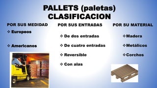 PALLETS (paletas)
CLASIFICACION
POR SUS MEDIDAD
 Europeos
 Americanos
POR SUS ENTRADAS POR SU MATERIAL
 De dos entradas
 De cuatro entradas
 Reversible
 Con alas
Madera
Metálicos
Corchos
 