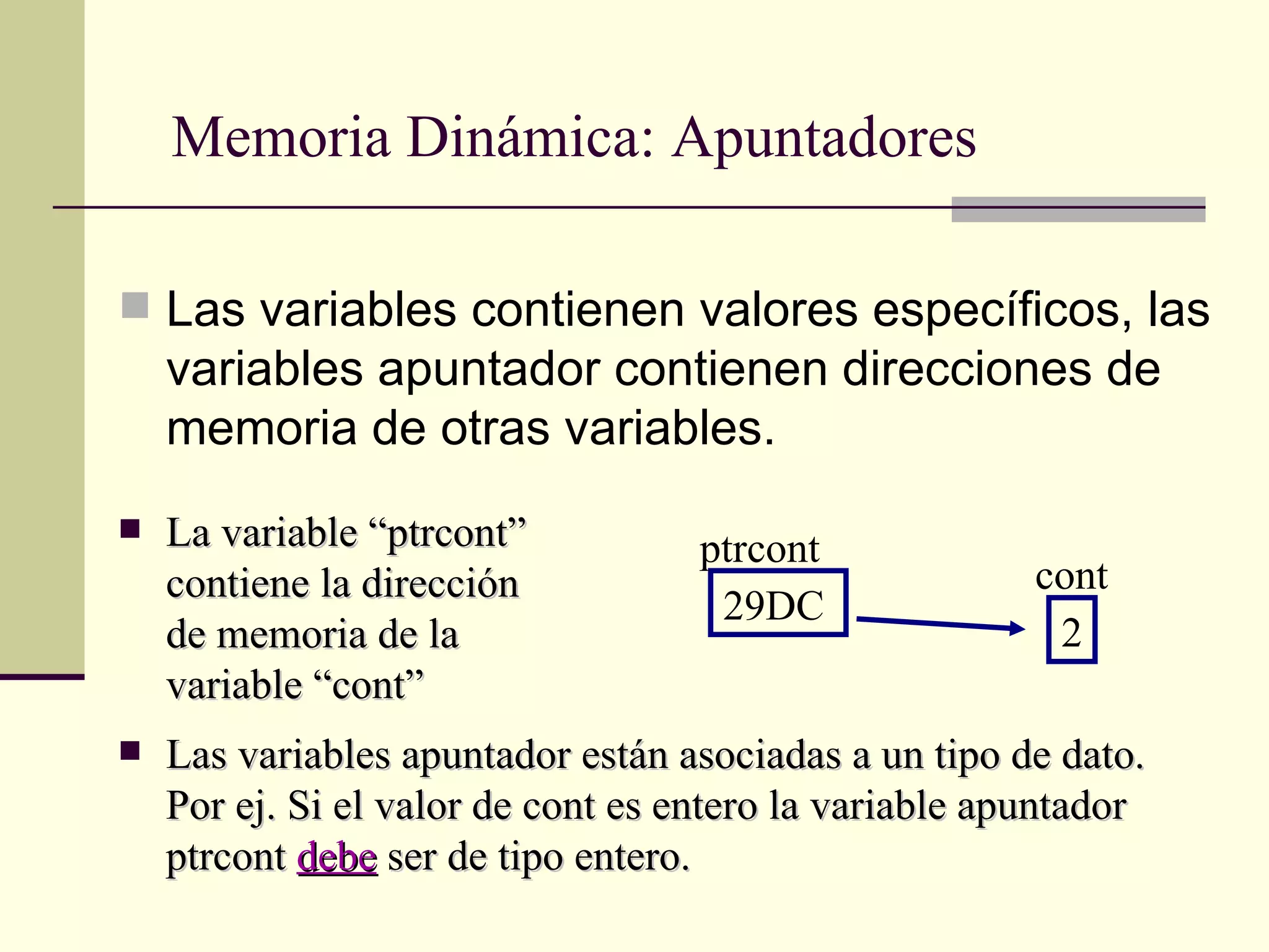 Memoria  Dinámica :  Apuntadores Las variables contienen valores específicos, las variables apuntador contienen direcciones de memoria de otras variables. La variable “ptrcont” contiene la dirección de memoria de la variable “cont” Las variables apuntador están asociadas a un tipo de dato. Por ej. Si el valor de cont es entero la variable apuntador ptrcont  debe  ser de tipo entero. 2 cont 29DC ptrcont 