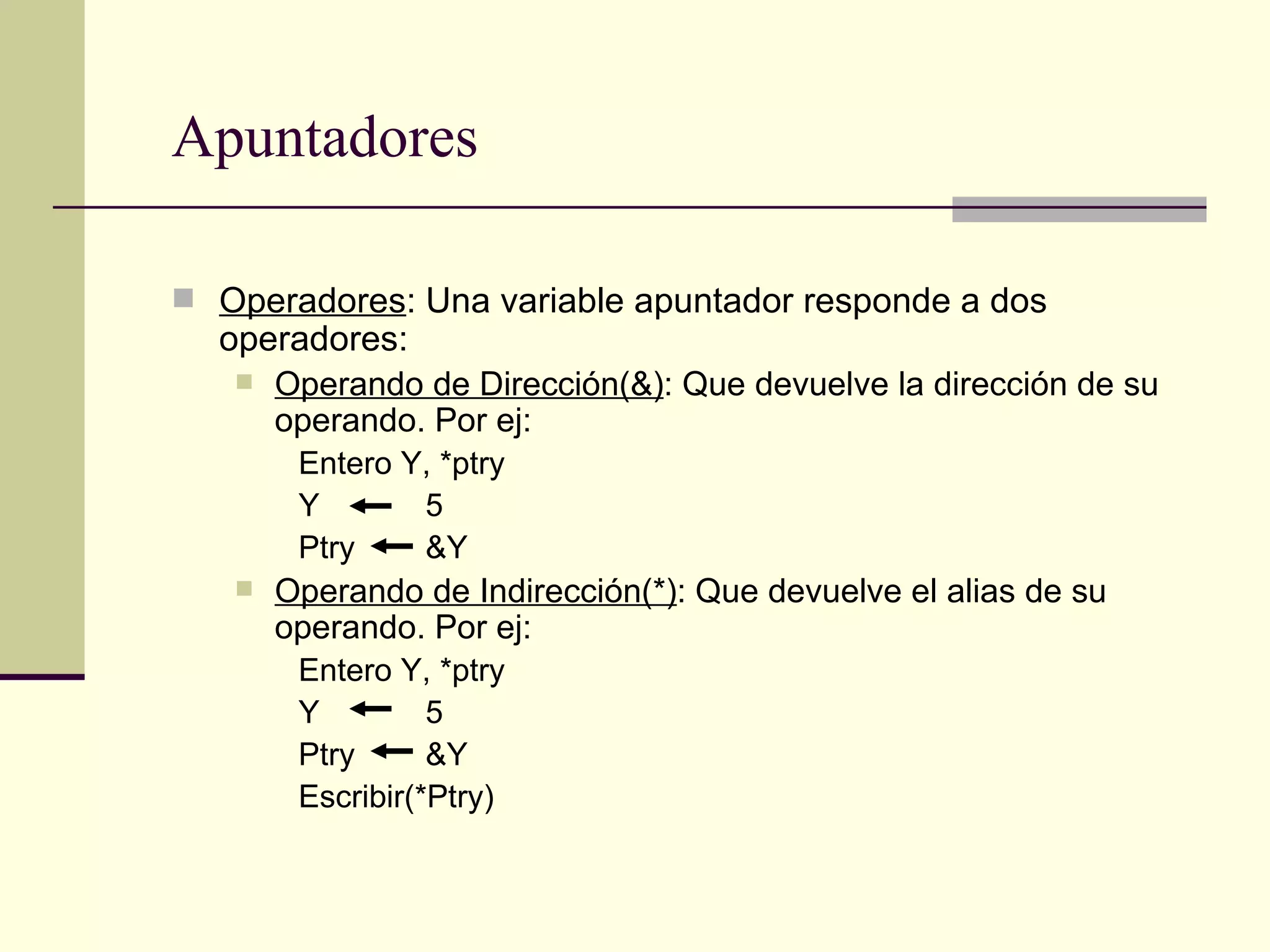 Apuntadores Operadores : Una variable apuntador responde a dos operadores: Operando de Dirección(&) : Que devuelve la dirección de su operando. Por ej: Entero Y, *ptry Y 5 Ptry &Y Operando de Indirección(*) : Que devuelve el alias de su operando. Por ej: Entero Y, *ptry Y 5 Ptry &Y Escribir(*Ptry) 