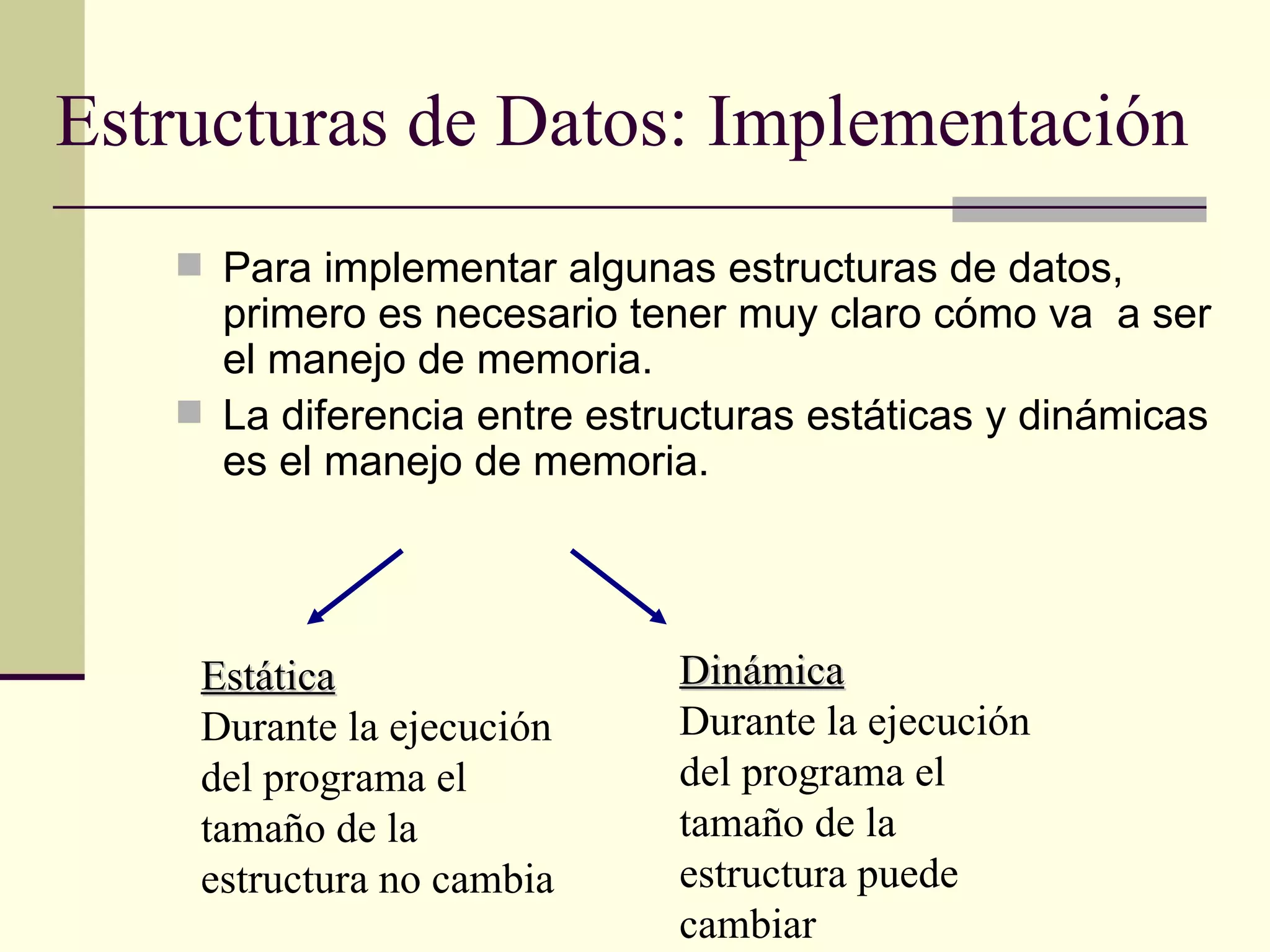 Estructuras de Datos: Implementación Para implementar algunas estructuras de datos, primero es necesario tener muy claro cómo va  a ser el manejo de memoria. La diferencia entre estructuras estáticas y dinámicas es el manejo de memoria. Estática Durante la ejecución del programa el tamaño de la estructura no cambia Dinámica Durante la ejecución del programa el tamaño de la estructura puede cambiar 