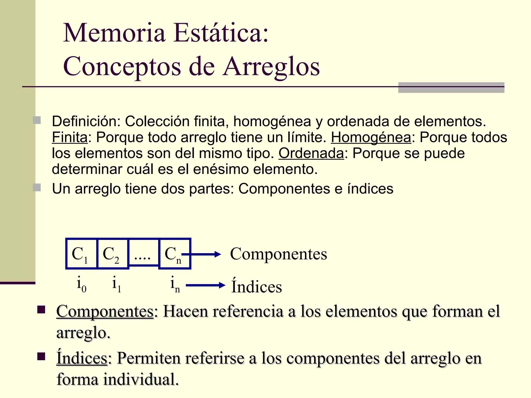 Memoria Estática:  Conceptos de Arreglos Definición: Colección finita, homogénea y ordenada de elementos.  Finita : Porque todo arreglo tiene un límite.  Homogénea : Porque todos los elementos son del mismo tipo.  Ordenada : Porque se puede determinar cuál es el enésimo elemento. Un arreglo tiene dos partes: Componentes e índices C 1 C 2 .... C n i 0 i 1 i n Componentes Í ndices Componentes : Hacen referencia a los elementos que forman el arreglo. Í ndices : Permiten referirse a los componentes del arreglo en forma individual. 