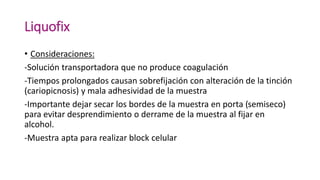Liquofix
• Consideraciones:
-Solución transportadora que no produce coagulación
-Tiempos prolongados causan sobrefijación con alteración de la tinción
(cariopicnosis) y mala adhesividad de la muestra
-Importante dejar secar los bordes de la muestra en porta (semiseco)
para evitar desprendimiento o derrame de la muestra al fijar en
alcohol.
-Muestra apta para realizar block celular
 