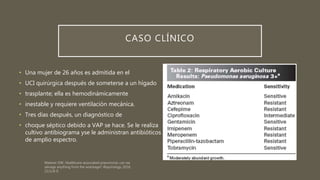 CASO CLÍNICO
• Una mujer de 26 años es admitida en el
• UCI quirúrgica después de someterse a un hígado
• trasplante; ella es hemodinámicamente
• inestable y requiere ventilación mecánica.
• Tres días después, un diagnóstico de
• choque séptico debido a VAP se hace. Se le realiza
cultivo antibiograma yse le administran antibióticos
de amplio espectro.
 