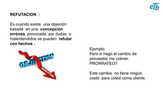 REFUTACION :
Es cuando existe una objeción
basada en una concepción
errónea provocada por dudas o
malentendidos se pueden refutar
con hechos .
Ejemplo:
Pero si hago el cambio de
proveedor me cobran
PRORRATEO?
Este cambio no tiene ningún
costo para usted como cliente.
 