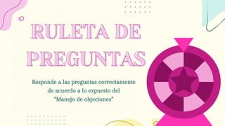 RULETA DE
RULETA DE
PREGUNTAS
PREGUNTAS
Responde a las preguntas correctamente
de acuerdo a lo expuesto del
“Manejo de objeciones”
 
