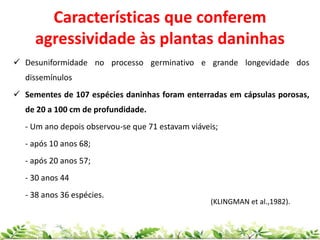  Desuniformidade no processo germinativo e grande longevidade dos
dissemínulos
 Sementes de 107 espécies daninhas foram enterradas em cápsulas porosas,
de 20 a 100 cm de profundidade.
- Um ano depois observou-se que 71 estavam viáveis;
- após 10 anos 68;
- após 20 anos 57;
- 30 anos 44
- 38 anos 36 espécies.
(KLINGMAN et al.,1982).
Características que conferem
agressividade às plantas daninhas
 