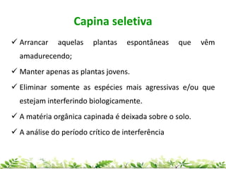 Capina seletiva
 Arrancar aquelas plantas espontâneas que vêm
amadurecendo;
 Manter apenas as plantas jovens.
 Eliminar somente as espécies mais agressivas e/ou que
estejam interferindo biologicamente.
 A matéria orgânica capinada é deixada sobre o solo.
 A análise do período crítico de interferência
 