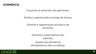 18
DORMÊNCIA
Distribui a germinação ao longo do tempo;
Garante a regeneração do banco de
sementes;
Quebra da dormência
(temperaturas altas ou baixas).
Garante a sobrevivência das
espécies;
É quando as sementes não germinam;
 