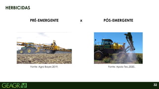 32
HERBICIDAS
PRÉ-EMERGENTE PÓS-EMERGENTE
x
Fonte: Apoio Tec,2020..
Fonte: Agro Bayer,2019.
 