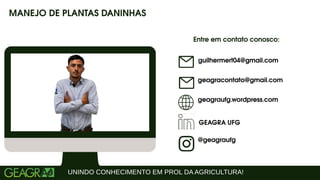 MANEJO DE PLANTAS DANINHAS
Entre em contato conosco:
geagraufg.wordpress.com
geagracontato@gmail.com
GEAGRA UFG
@geagraufg
UNINDO CONHECIMENTO EM PROL DA AGRICULTURA!
guilhermert04@gmail.com
 