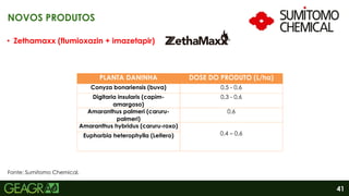 41
• Zethamaxx (flumioxazin + imazetapir)
NOVOS PRODUTOS
PLANTA DANINHA DOSE DO PRODUTO (L/ha)
Conyza bonariensis (buva) 0,5 - 0,6
Digitaria insularis (capim-
amargoso)
0,3 - 0,6
Amaranthus palmeri (caruru-
palmeri)
0,6
Amaranthus hybridus (caruru-roxo)
0,4 – 0,6
Euphorbia heterophylla (Leitero)
Fonte: Sumitomo Chemical.
 