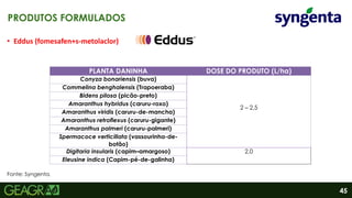 45
• Eddus (fomesafen+s-metolaclor)
PRODUTOS FORMULADOS
PLANTA DANINHA DOSE DO PRODUTO (L/ha)
Conyza bonariensis (buva)
2 – 2,5
Commelina benghalensis (Trapoeraba)
Bidens pilosa (picão-preto)
Amaranthus hybridus (caruru-roxo)
Amaranthus viridis (caruru-de-mancha)
Amaranthus retroflexus (caruru-gigante)
Amaranthus palmeri (caruru-palmeri)
Spermacoce verticillata (vassourinha-de-
botão)
Digitaria insularis (capim–amargoso) 2,0
Eleusine indica (Capim-pé-de-galinha)
Fonte: Syngenta.
 