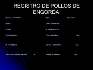 REGISTRO DE POLLOS DE
ENGORDA
Nombre Administrador: Raza: Incubadora:
Granja: Fecha Finalización:
Ciudad: Nº pollos vendidos
Fecha iniciación: Peso total de lote Kgs.
Nº Inicial pollitos Consumo total de lote Kgs.
Peso Inicial promedio por pollo gr. Período de engorde días
 