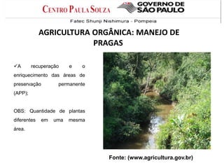 A recuperação e o
enriquecimento das áreas de
preservação permanente
(APP);
OBS: Quantidade de plantas
diferentes em uma mesma
área.
AGRICULTURA ORGÂNICA: MANEJO DE
PRAGAS
Fonte: (www.agricultura.gov.br)
 