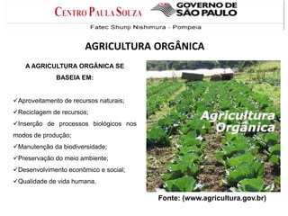 A AGRICULTURA ORGÂNICA SE
BASEIA EM:
Aproveitamento de recursos naturais;
Reciclagem de recursos;
Inserção de processos biológicos nos
modos de produção;
Manutenção da biodiversidade;
Preservação do meio ambiente;
Desenvolvimento econômico e social;
Qualidade de vida humana.
Fonte: (www.agricultura.gov.br)
AGRICULTURA ORGÂNICA
 