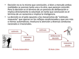• Decisión no es lo mismo que conclusión, si bien a menudo ambas
realidades se acercan tanto una a la otra, que parecen coincidir.
Pero la decisión es el término de un proceso de deliberación e
implica directamente la voluntad; en tanto que conclusión es el
término de un raciocinio e implica la inteligencia.
• La decisión es el polo opuesto a los mecanismos de "estímulo-
respuesta" que operan en los reflejos condicionados y que son más
o menos automáticos; involucra la atención y diversas conductas
racionales e irracionales.
El Acto Automático El Acto Libre
 