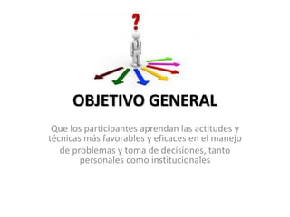 OBJETIVO GENERAL
Que los participantes aprendan las actitudes y
técnicas más favorables y eficaces en el manejo
de problemas y toma de decisiones, tanto
personales como institucionales
 