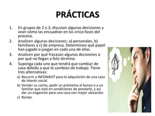 PRÁCTICAS
1. En grupos de 2 o 3, discutan algunas decisiones y
vean cómo las encuadran en las cinco fases del
proceso.
2. Analicen algunas decisiones: a) personales, b)
familiares y c) de empresa. Determinen qué papel
han jugado o juegan en cada una de ellas.
3. Analicen por qué fracasan algunas decisiones o
por qué no llegan a feliz término.
4. Suponga cada uno que tendrá que cambiar de
casa debido a que lo cambian de trabajo. Tiene
tres alternativas:
a) Recurrir a INFONAVIT para la adquisición de una casa
de interés social.
b) Vender su coche, pedir un préstamo al banco o a un
familiar que está en condiciones de prestarle, y así
dar un enganche para una casa con mejor ubicación.
c) Rentar.
 