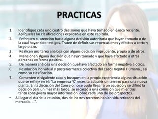 PRACTICAS
1. Identifique cada uno cuatro decisiones que haya tomado en época reciente.
Aplíqueles las clasificaciones explicadas en este capítulo.
2. Enfoquen su atención hacia alguna decisión autoritaria que hayan tomado o de
la cual hayan sido testigos. Traten de definir sus repercusiones y efectos a corto y
largo plazo.
3. Realicen una tarea análoga con alguna decisión imprudente, propia o de otros.
4. Mencionen alguna decisión que hayan tomado y que haya afectado a otras
personas en forma positiva.
5. De manera análoga una decisión que haya afectado en forma negativa a otros.
6. Resolución individual y posteriormente colectiva del Caso Hospital Humana., así
como su clasificación.
7. Comenten el siguiente caso y busquen en la propia experiencia alguna situación
que se refleje en él: "La empresa 'X' necesita adquirir un terreno para una nueva
planta. En la discusión del Consejo no se pudo llegar a un acuerdo y se difirió la
decisión para un mes más tarde; se encargó a una comisión que mientras
tanto consiguiera mayor información sobre cada uno de los prospectos.
• Al llegar el día de la reunión, dos de los tres terrenos habían sido retirados del
mercado. . .".
 