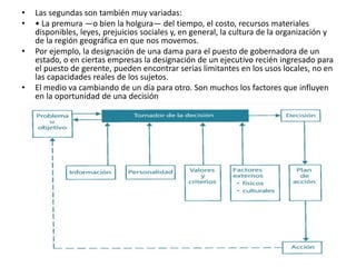 • Las segundas son también muy variadas:
• • La premura —o bien la holgura— del tiempo, el costo, recursos materiales
disponibles, leyes, prejuicios sociales y, en general, la cultura de la organización y
de la región geográfica en que nos movemos.
• Por ejemplo, la designación de una dama para el puesto de gobernadora de un
estado, o en ciertas empresas la designación de un ejecutivo recién ingresado para
el puesto de gerente, pueden encontrar serias limitantes en los usos locales, no en
las capacidades reales de los sujetos.
• El medio va cambiando de un día para otro. Son muchos los factores que influyen
en la oportunidad de una decisión
 