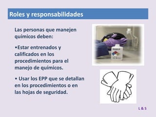 Roles y responsabilidades
Las personas que manejen
químicos deben:
•Estar entrenados y
calificados en los
procedimientos para el
manejo de químicos.
• Usar los EPP que se detallan
en los procedimientos o en
las hojas de seguridad.
L&S

 