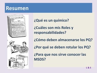 Resumen
¿Qué es un químico?
¿Cuáles son mis Roles y
responsabilidades?
¿Cómo deben almacenarse los PQ?
¿Por qué se deben rotular los PQ?
¿Para que nos sirve conocer las
MSDS?
L&S

 