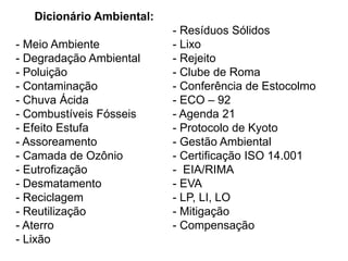 Dicionário Ambiental:
- Meio Ambiente
- Degradação Ambiental
- Poluição
- Contaminação
- Chuva Ácida
- Combustíveis Fósseis
- Efeito Estufa
- Assoreamento
- Camada de Ozônio
- Eutrofização
- Desmatamento
- Reciclagem
- Reutilização
- Aterro
- Lixão
- Resíduos Sólidos
- Lixo
- Rejeito
- Clube de Roma
- Conferência de Estocolmo
- ECO – 92
- Agenda 21
- Protocolo de Kyoto
- Gestão Ambiental
- Certificação ISO 14.001
- EIA/RIMA
- EVA
- LP, LI, LO
- Mitigação
- Compensação
 