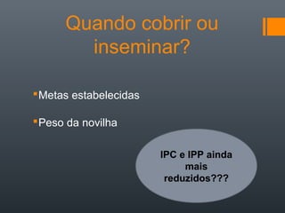 Quando cobrir ou
inseminar?
Metas estabelecidas
Peso da novilha
IPC e IPP ainda
mais
reduzidos???
 