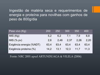 Peso vivo (Kg) 200 250 300 350 400
IMS (Kg)
IMS (% pv)
Exigência energia (%NDT)
Exigência proteína (%)
5,2 6,2 7,1 7,9 8,8
2,6 2,48 2,37 2,26 2,20
63,4 63,4 63,4 63,4 63,4
14,2 13,1 12,3 11,7 11,3
Fonte: NRC 2001 apud ARTUNDUAGA & VILELA (2006)
Ingestão de matéria seca e requerimentos de
energia e proteína para novilhas com ganhos de
peso de 800g/dia
 