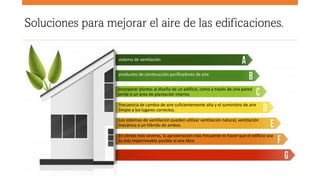 Soluciones para mejorar el aire de las edificaciones.
En climas más severos, la aproximación más frecuente es hacer que el edificio sea
lo más impermeable posible al aire libre.
sistema de ventilación
productos de construcción purificadores de aire
incorporar plantas al diseño de un edificio, como a través de una pared
verde o un área de plantación interior.
frecuencia de cambio de aire suficientemente alta y el suministro de aire
limpio a los lugares correctos.
Los sistemas de ventilación pueden utilizar ventilación natural, ventilación
mecánica o un híbrido de ambos.
 