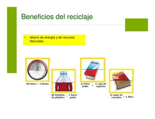 • Ahorro de energía y de recursos
Naturales.
Beneficios del reciclaje
 