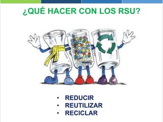 ¿QUÉ HACER CON LOS RSU?
• REDUCIR
• REUTILIZAR
• RECICLAR
 
