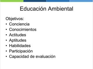 Educación Ambiental
Objetivos:
• Conciencia
• Conocimientos
• Actitudes
• Aptitudes
• Habilidades
• Participación
• Capacidad de evaluación
 