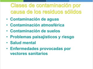 • Contaminación de aguas
• Contaminación atmosférica
• Contaminación de suelos
• Problemas paisajísticos y riesgo
• Salud mental
• Enfermedades provocadas por
vectores sanitarios
 