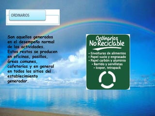 Son aquellos generados
en el desempeño normal
de las actividades.
Estos restos se producen
en oficinas, pasillos,
áreas comunes,
cafeterías y en general
en todos los sitios del
establecimiento
generador.
 