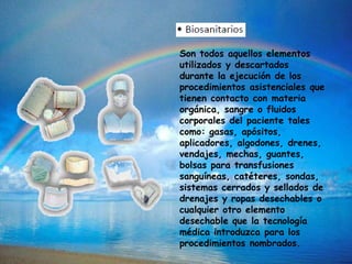 Son todos aquellos elementos
utilizados y descartados
durante la ejecución de los
procedimientos asistenciales que
tienen contacto con materia
orgánica, sangre o fluidos
corporales del paciente tales
como: gasas, apósitos,
aplicadores, algodones, drenes,
vendajes, mechas, guantes,
bolsas para transfusiones
sanguíneas, catéteres, sondas,
sistemas cerrados y sellados de
drenajes y ropas desechables o
cualquier otro elemento
desechable que la tecnología
médica introduzca para los
procedimientos nombrados.
 
