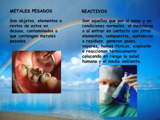 METALES PESADOS
Son objetos, elementos o
restos de estos en
desuso, contaminados o
que contengan metales
pesados.
REACTIVOS
Son aquellas que por si solas y en
condiciones normales, al mezclarse
o al entrar en contacto con otros
elementos, compuestos, sustancias
o residuos, generan gases,
vapores, humos tóxicos, explosión
o reaccionan térmicamente
colocando en riesgo la salud
humana y el medio ambiente.
 