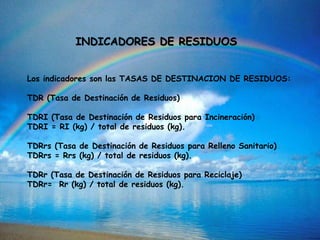 INDICADORES DE RESIDUOS
Los indicadores son las TASAS DE DESTINACION DE RESIDUOS:
TDR (Tasa de Destinación de Residuos)
TDRI (Tasa de Destinación de Residuos para Incineración)
TDRI = RI (kg) / total de residuos (kg).
TDRrs (Tasa de Destinación de Residuos para Relleno Sanitario)
TDRrs = Rrs (kg) / total de residuos (kg).
TDRr (Tasa de Destinación de Residuos para Reciclaje)
TDRr= Rr (kg) / total de residuos (kg).
 