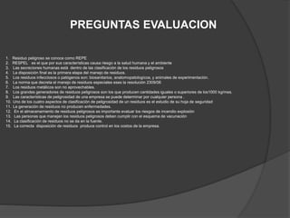 PREGUNTAS EVALUACION
1. Residuo peligroso se conoce como REPE
2. RESPEL es el que por sus características causa riesgo a la salud humana y el ambiente
3. Las secreciones humanas está dentro de las clasificación de los residuos peligrosos
4. La disposición final es la primera etapa del manejo de residuos.
5. Los residuos infecciosos o patógenos son: biosanitarios, anatomopatologícos, y animales de experimentación.
6. La norma que decreta el manejo de residuos especiales eses la resolución 2309/06
7. Los residuos metálicos son no aprovechables.
8. Los grandes generadores de residuos peligrosos son los que producen cantidades iguales o superiores de los1000 kg/mes.
9. Las características de peligrosidad de una empresa se puede determinar por cualquier persona .
10. Uno de los cuatro aspectos de clasificación de peligrosidad de un residuos es el estudio de su hoja de seguridad
11. La generación de residuos no producen enfermedades.
12. En el almacenamiento de residuos peligrosos es importante evaluar los riesgos de incendio explosión
13. Las personas que manejan los residuos peligrosos deben cumplir con el esquema de vacunación
14. La clasificación de residuos no se da en la fuente.
15. La correcta disposición de residuos produce control en los costos de la empresa.
 