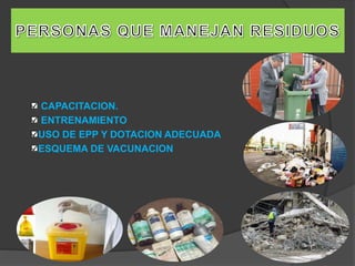 CAPACITACION.
ENTRENAMIENTO
USO DE EPP Y DOTACION ADECUADA
ESQUEMA DE VACUNACION
 